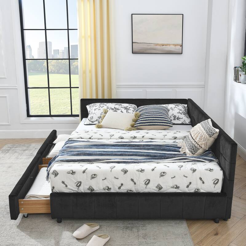 L-shaped Velvet Upholstered Daybed Tufted Sofa Bed with Soft Backrest Armrests - and Optional Corner Storage Day Bed