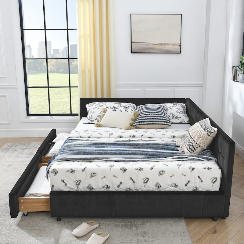 Mid-Century Queen Velvet Daybed with Storage Drawers, Tufted Upholstered Sofa Bed Frame with Backrest & Armrest