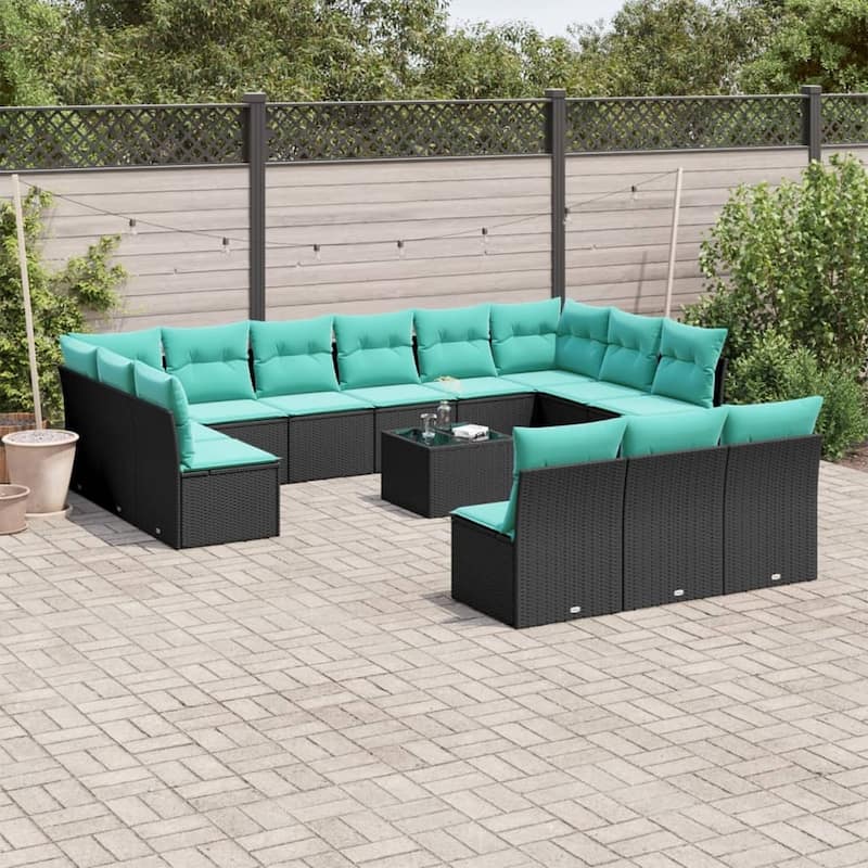 vidaXL 13 Piece Patio Sofa Set with Cushions Black Poly Rattan - Black - 24.4x27.2x24.4-With table