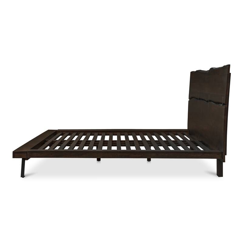 NADAAL STUDIOS Sterling Brown Solid Acacia Queen Platform Bed with Organic Edge Headboard and Steel Legs