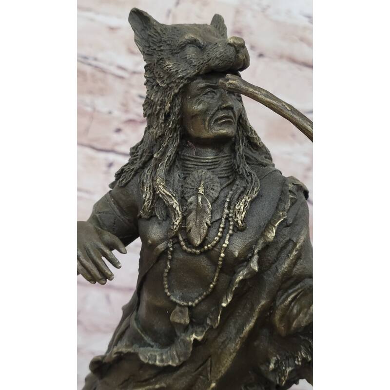 Bronze Mohican Indian Warrior Chief Art Marble Base Sculpture Native American