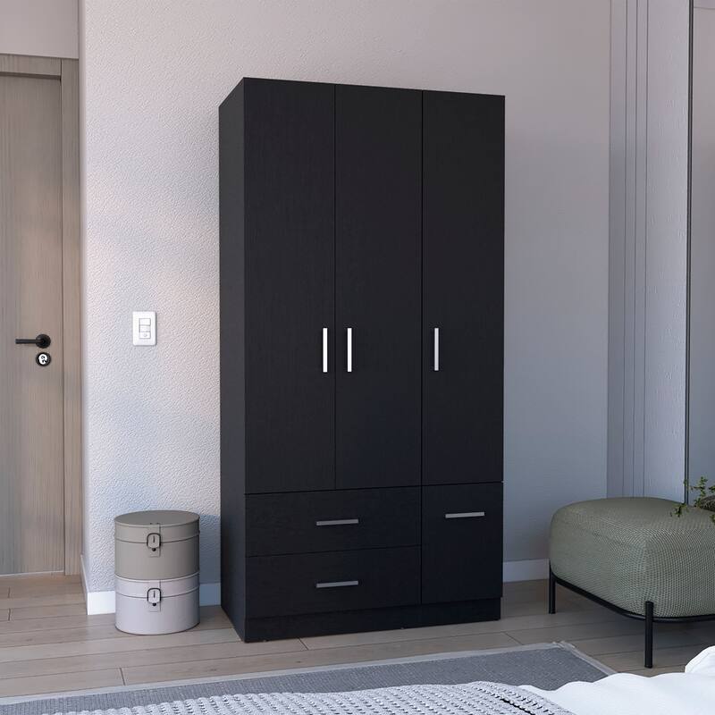 18.7" Modern Four-door Armoire with Hanging Rod, Two Drawers and 6 Shelves - Black