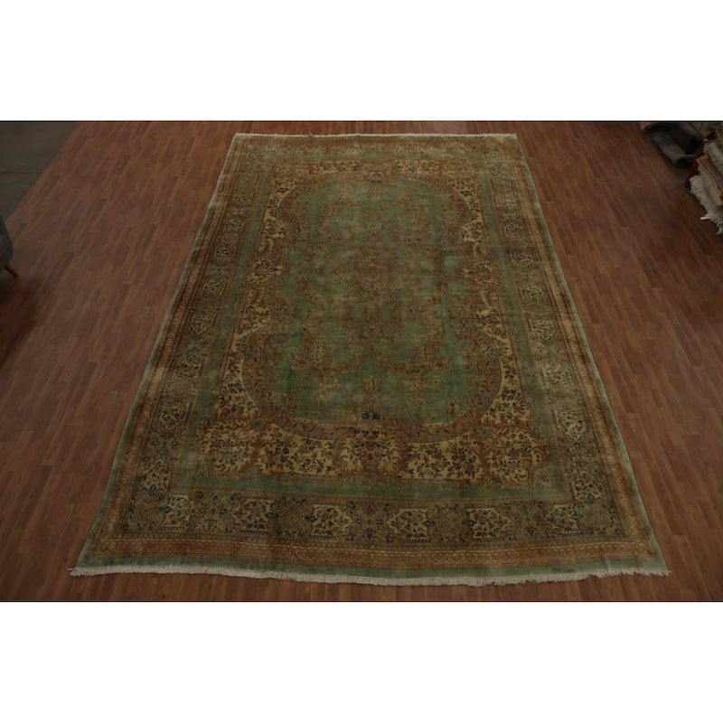 Hand Knotted Oriental 100% Wool Carpet Traditional Floral Green Kerman Area Rug - 19' 1'' X 11' 9''