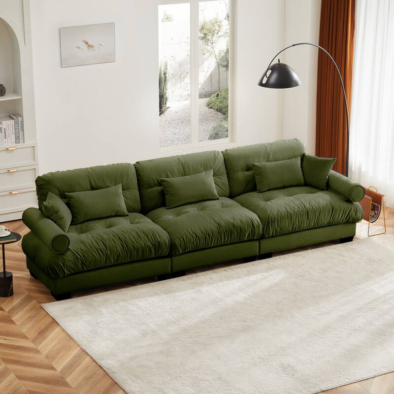 GDFStudio - Velvet 3-Seater 130" Cloud Sofa Couch with Bolstered Armrests - Olive Green