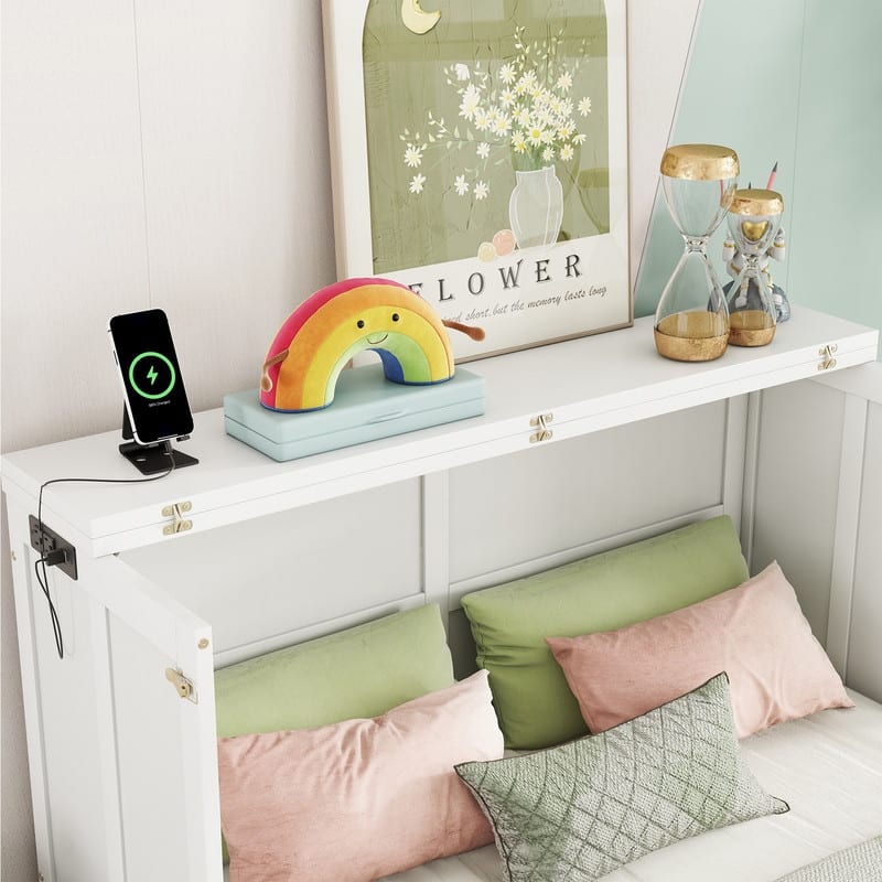 Murphy Bed Cabinet with Storage Drawer and Charging Station, USB Port