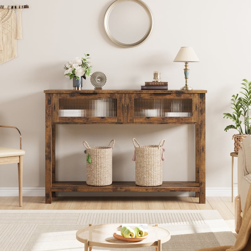 Entryway Table, Wood Console Table with 2 Glass Drawers