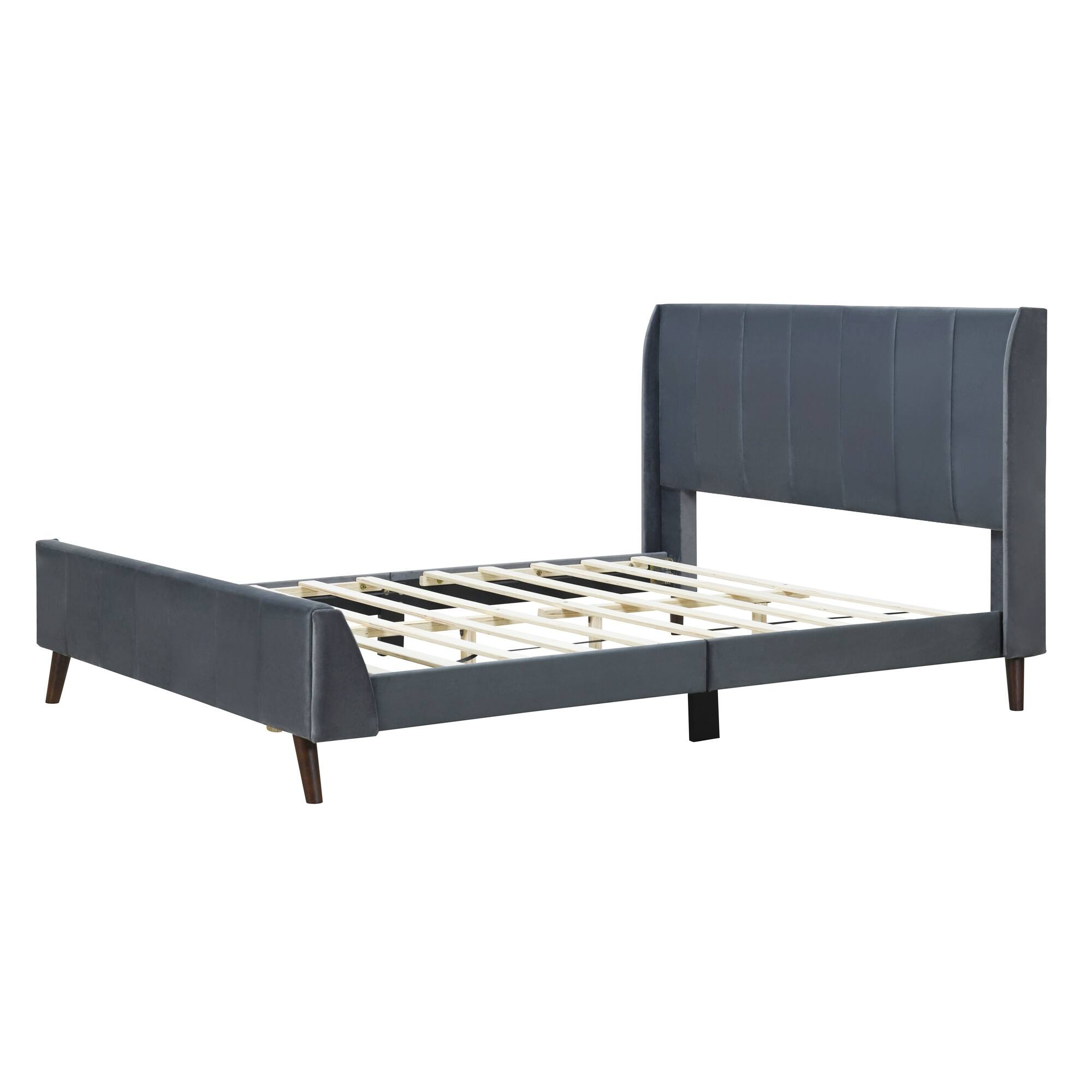 Gray Queen Velvet Upholstered Platform Bed Frame w/ Tufted Headborad