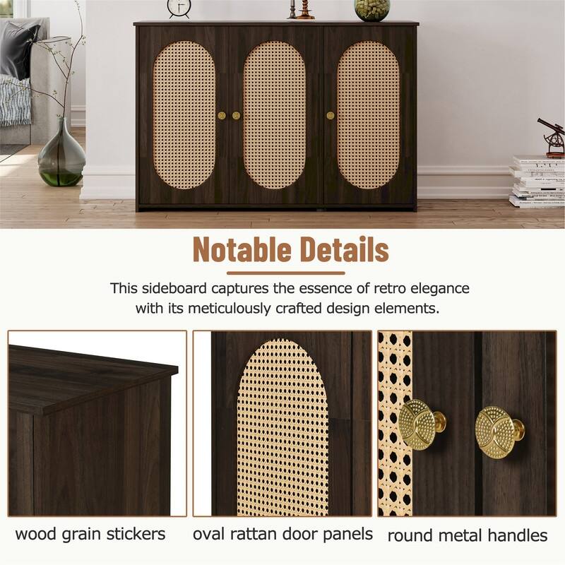 Retro 3-Door Sideboard with PVC Rattan Doors and Metal Handles, Buffet Cabinet Accent Storage Cabinet with Storage Shelves