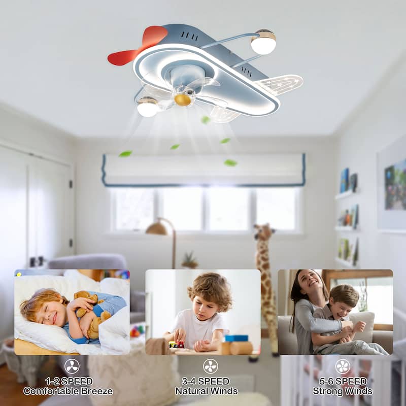 26In Cartoon Aircraft Flush Mount Ceiling Fan, 6-Speed Dimmable Light with Remote and APP Control for Kids Room