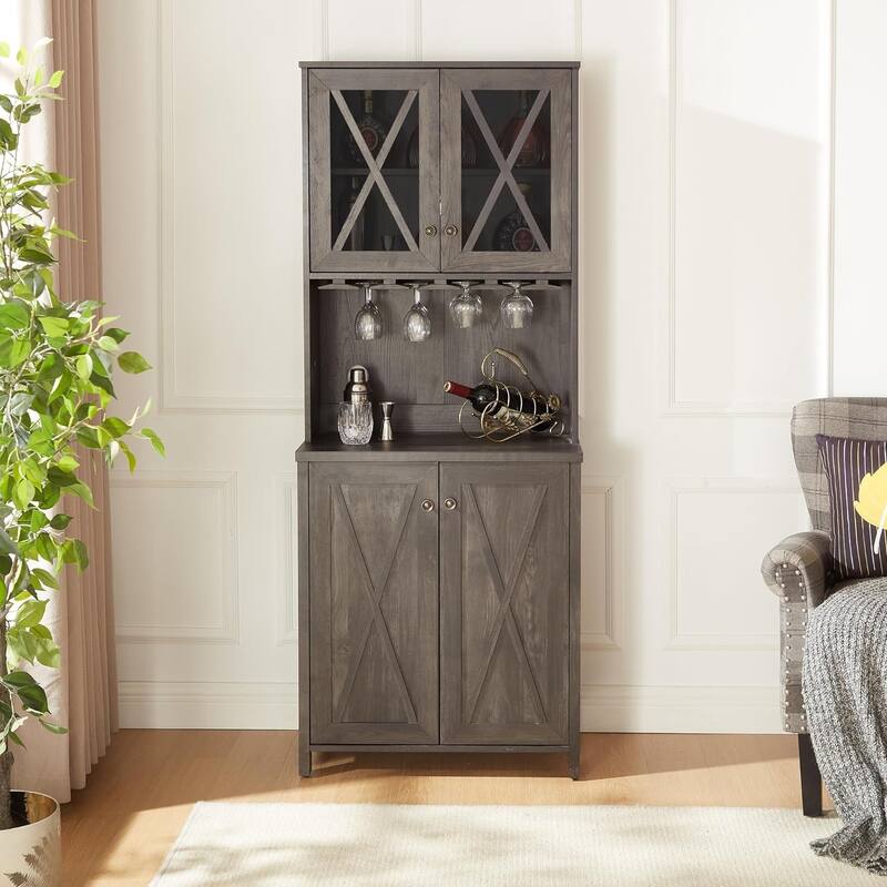 Roomfitters Farmhouse Wine Cabinet, Kitchen Hutch Buffet, Liquor Cabinet for Liquor and Glasses Rack, Charcoal Grey - N/A - 	Charcoal grey