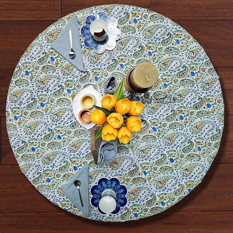 Block Print Cotton Paisley Floral Tablecloth Round Square