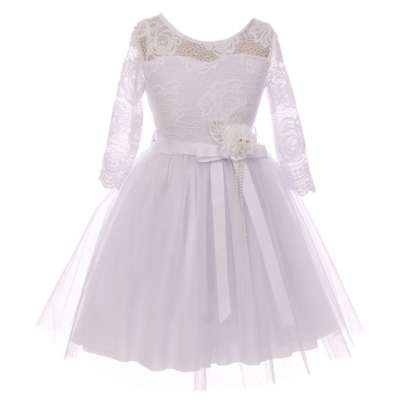 Little Girls White Lace Tulle Handmade Adornment Flower Girl Dress