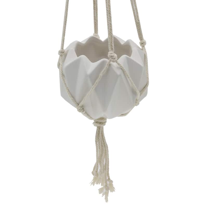 5 x 5" Ceramic Macrame Hanging Planter (Matte White) - Mid-Century Modern - No - Ceramic - Planters - Round - White - Assembled - Handmade