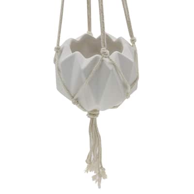 5 x 5" Ceramic Macrame Hanging Planter (Matte White)