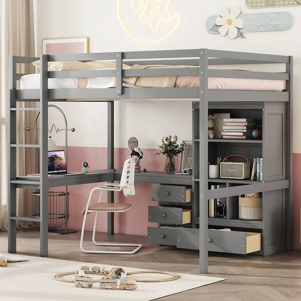 slide 2 of 4, Full Size Loft Bed with Desk, Storage Shelves, Drawers, Ladder and Guardrails Grey