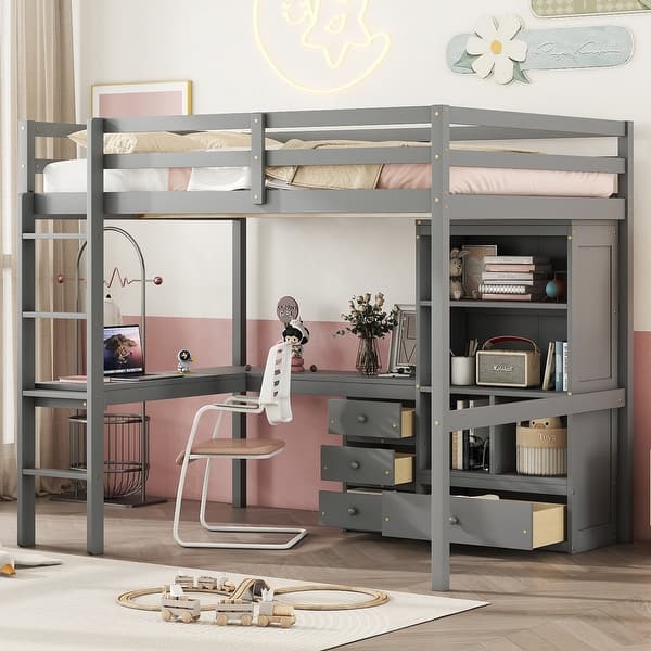 slide 2 of 26, Full Size Loft Wood Bed with Desk Grey