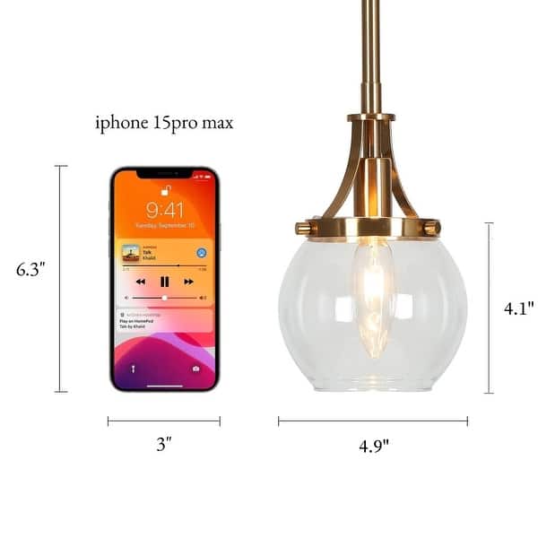 dimension image slide 2 of 3, Beta Modern Gold 1-Light Mini Globe Glass Pendant Light for Kitchen Island - D 4.9" x H 7.6"