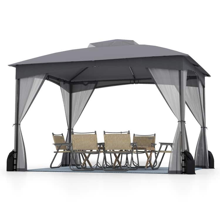 Outdoor Patio Gazebo with Double Roof, Removable Mesh Sidewalls & Sandbags - 144 x 120 x 114 inches (L x W x H)