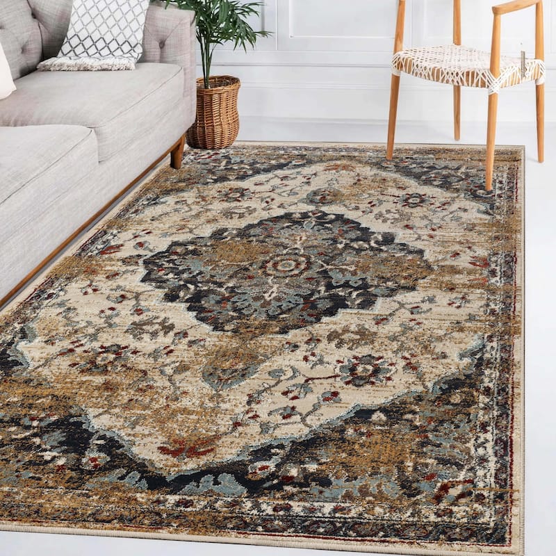 Traditional Floral Medallion Indoor Runner or Area Rug by Superior - 8' x 10' - Blue-Cream