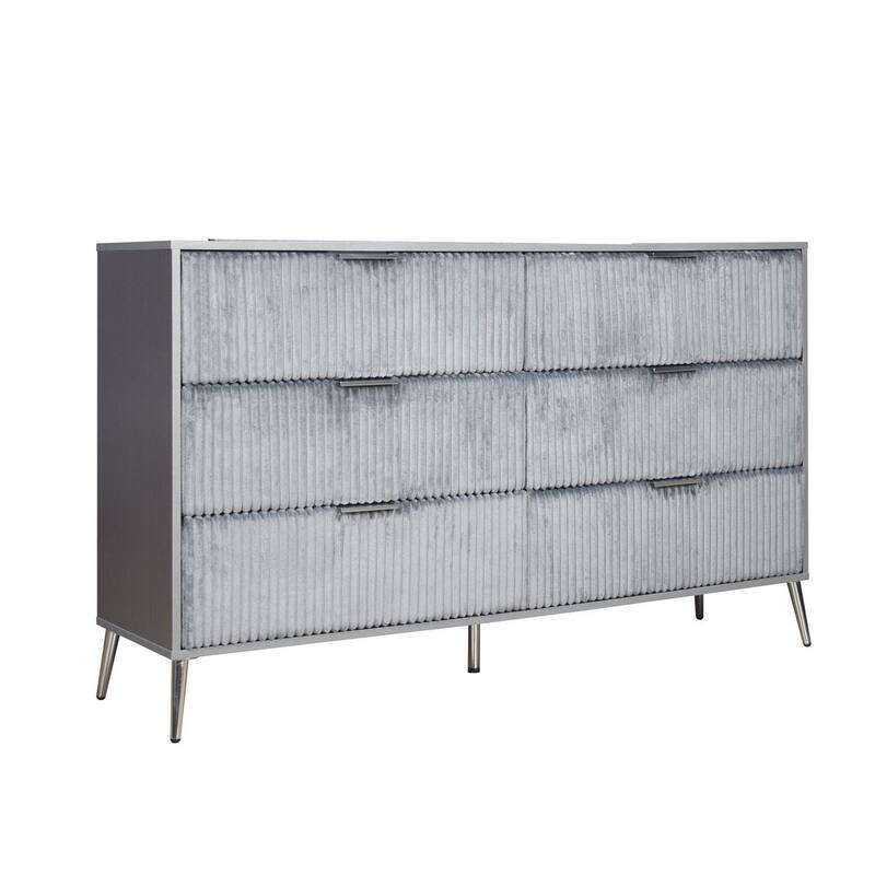 Moko 58 Inch Wide Dresser, 6 Soft Upholstered Drawers, Gray, Nickel - Gray, Nickel - 6-drawer