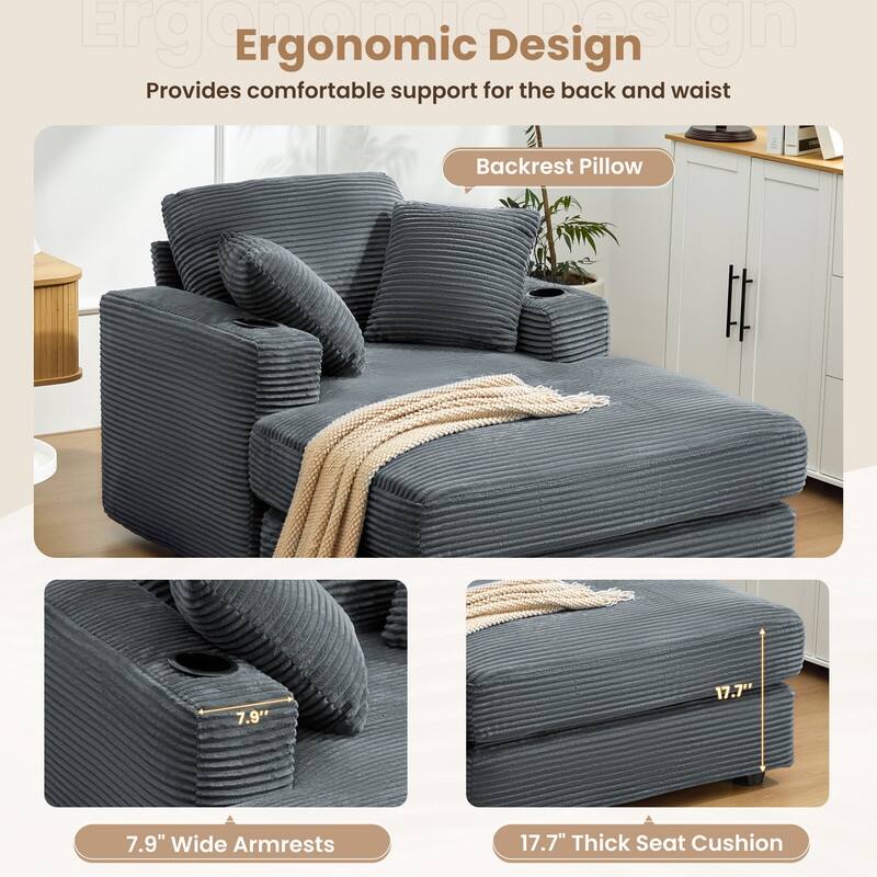 Chaise-Style Corduroy Sofa with Cup Holders and 3 Back Cushions - Reclining Lounge Design