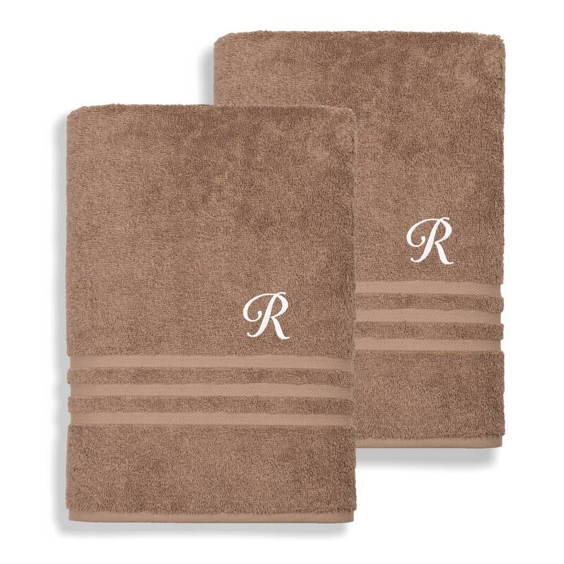 Authentic Hotel and Spa Omni Turkish Cotton Terry Set of 2 Latte Brown Bath Towels with White Script Monogrammed Initial - R