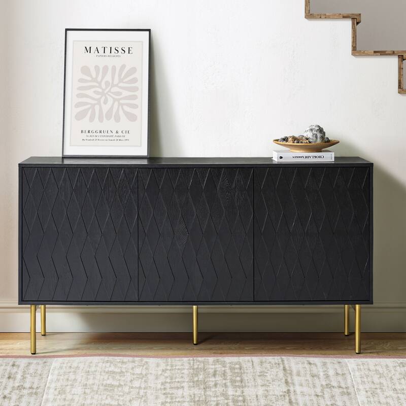 Petter Modern Diamond-shaped 60"Wide 3 Door Sideboard with Adjustable Shelves and Golden Metal Legs by HULALA HOME