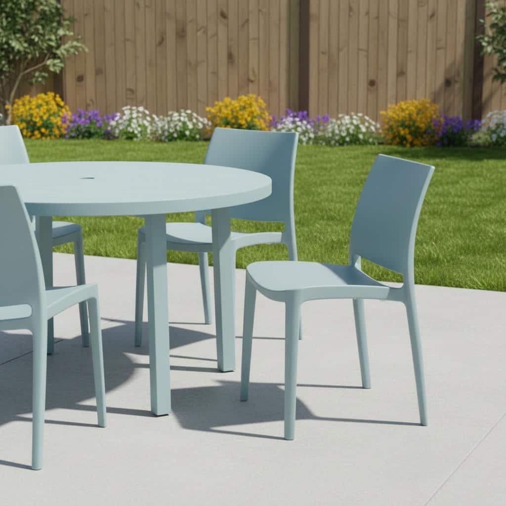 Set of Four Baby Blue Heavy Duty Plastic Outdoor Stacking Dining Chairs