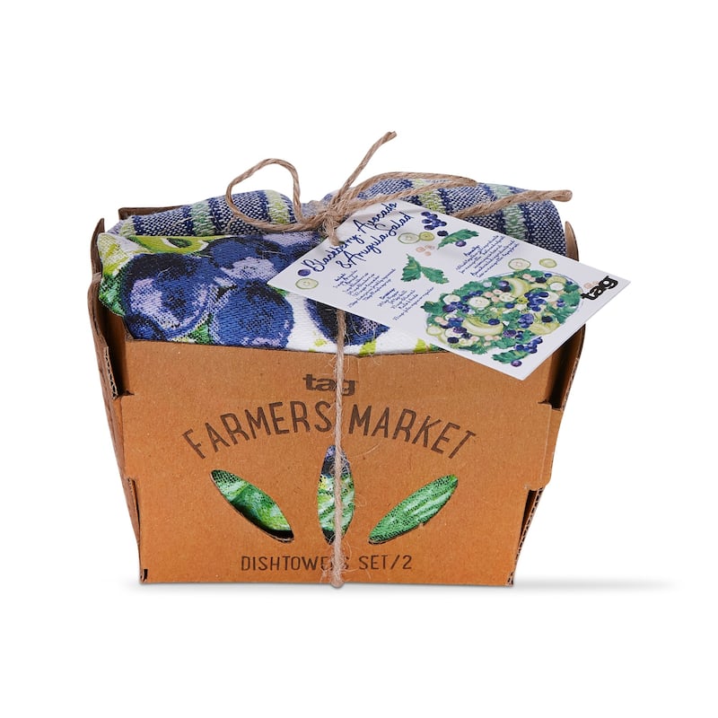 Set of 2 Berry Salad Recipe with Coordinating Blue Stripe Cotton Kitchen Dishtowels 26L x 18W in.