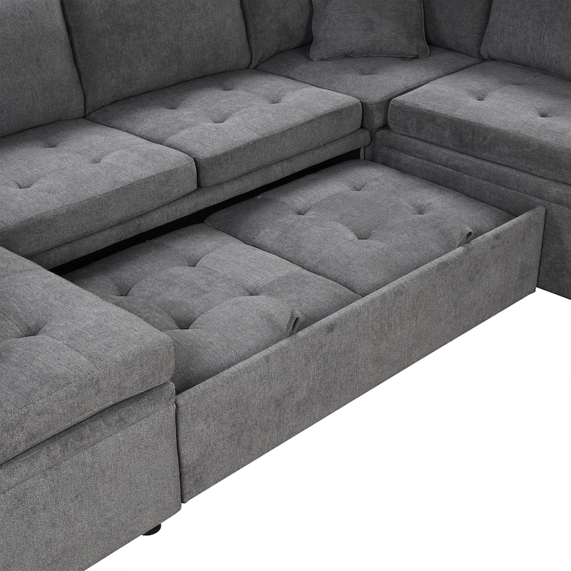 117.3" Chenille U-Shaped Sectional Sofa Bed with 2 Throw Pillows