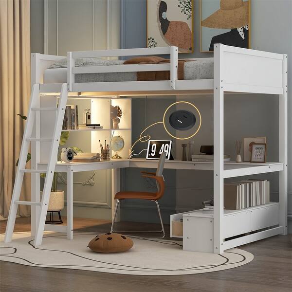 slide 2 of 26, Full Size Loft Bed with L-Shaped Desk and LED Light, Solid Wood Loft Bedframe w/ 2 Drawers, Storage Bench & USB Charging Station White