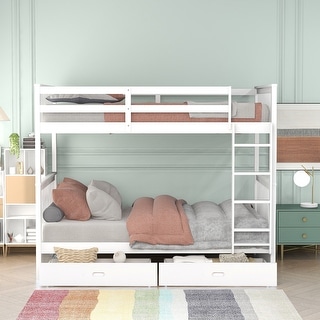 Twin Over Twin Bunk Bed Convertible 2 Platform Beds, Wooden Panel Bed with Ladder, Guardrail and 2 Drawers