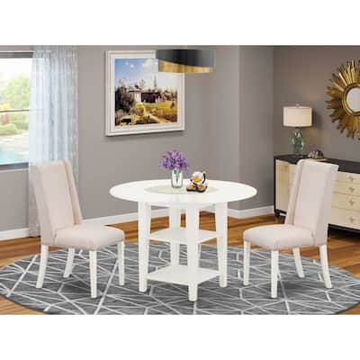 HomeStock 3-Piece Linen White Finish Round Solid Wood Top Dining Table Set