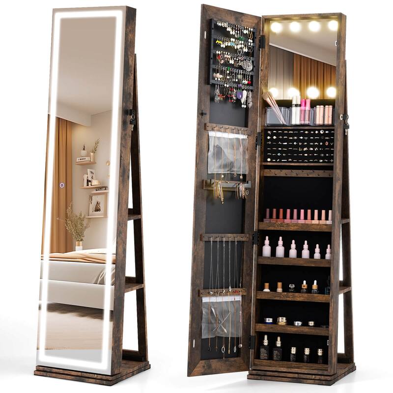 Costway 360° Swivel Jewelry Cabinet with Lighted Full Length Mirror & - See Details - Brown