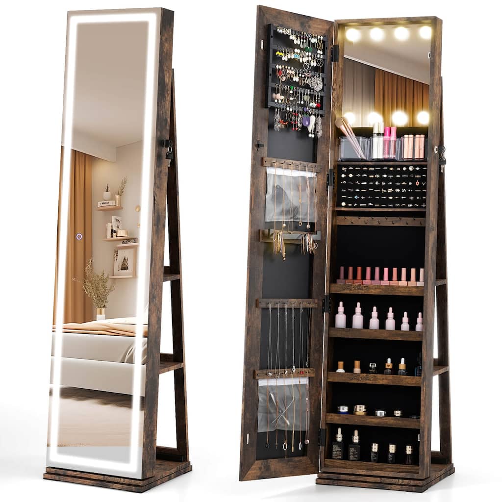 Costway 360° Swivel Jewelry Cabinet with Lighted Full Length Mirror & - See Details