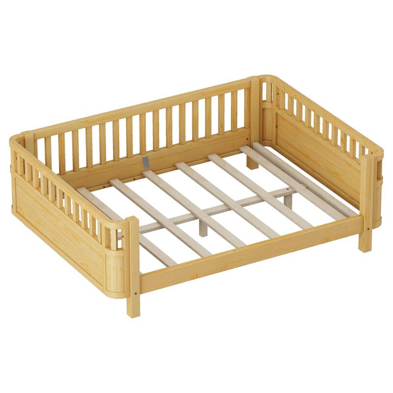Natural Full Size Wood Platform Bed for Kids, Wood Low Profile Full Bed w/ Rails for Girls & Boys