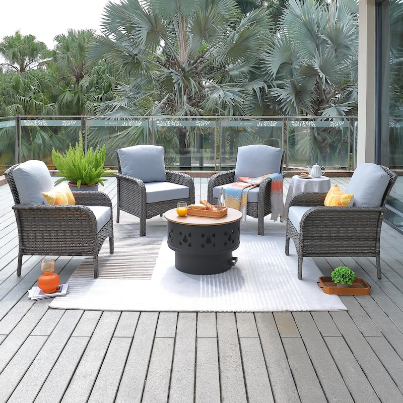 HOOOWOOO 5-piece Patio Wicker Chair Set with Wood Burning Fire Pit - Grey