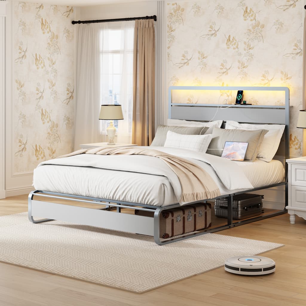 Queen Size Metal Platform Bed with Charging Station