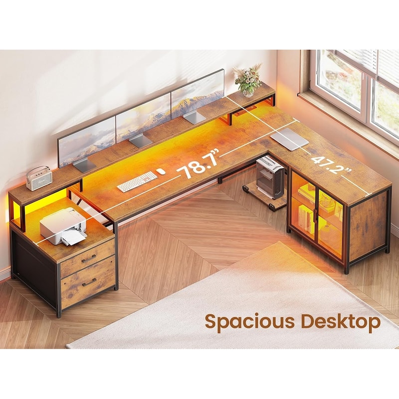 L Shaped Gaming Desk Drawers Computer Desk with Display Cabinet