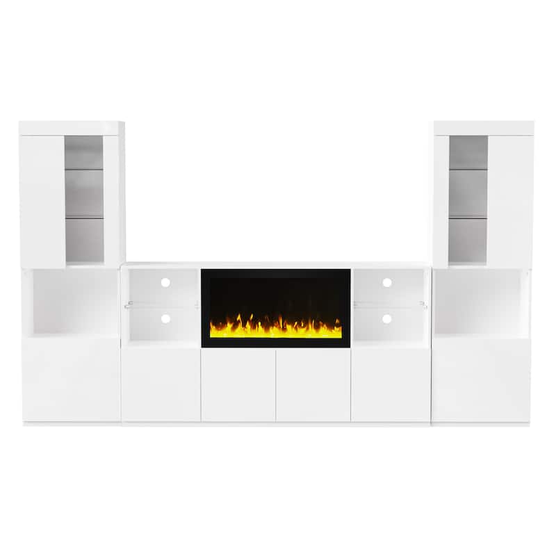 TV Stand with 34.2" Non-heating Electric Fireplace,Entertainment Center with LED Light,Tempered Glass Shelves for TVs up to 75"