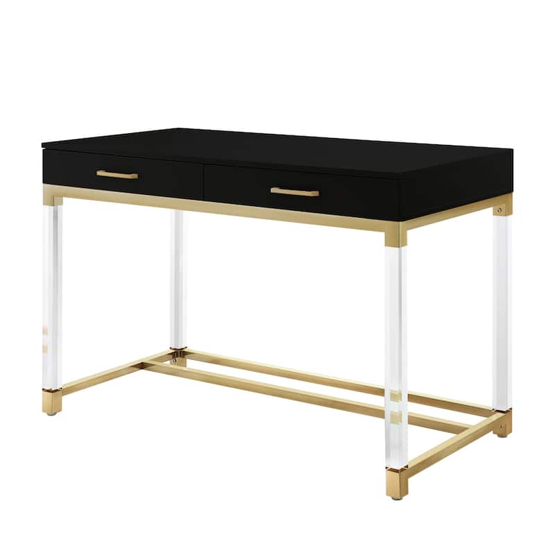 HomeRoots 48" Black Clear and Gold Wood Acrylic and Stainless Steel Writing Desk With Two Drawers
