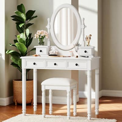 Vintage Vanity Desk with Adjustable Oval Mirror, 5 Velvet-Lined Drawers & Stool, Wooden Dressing Table Set for Bedroom