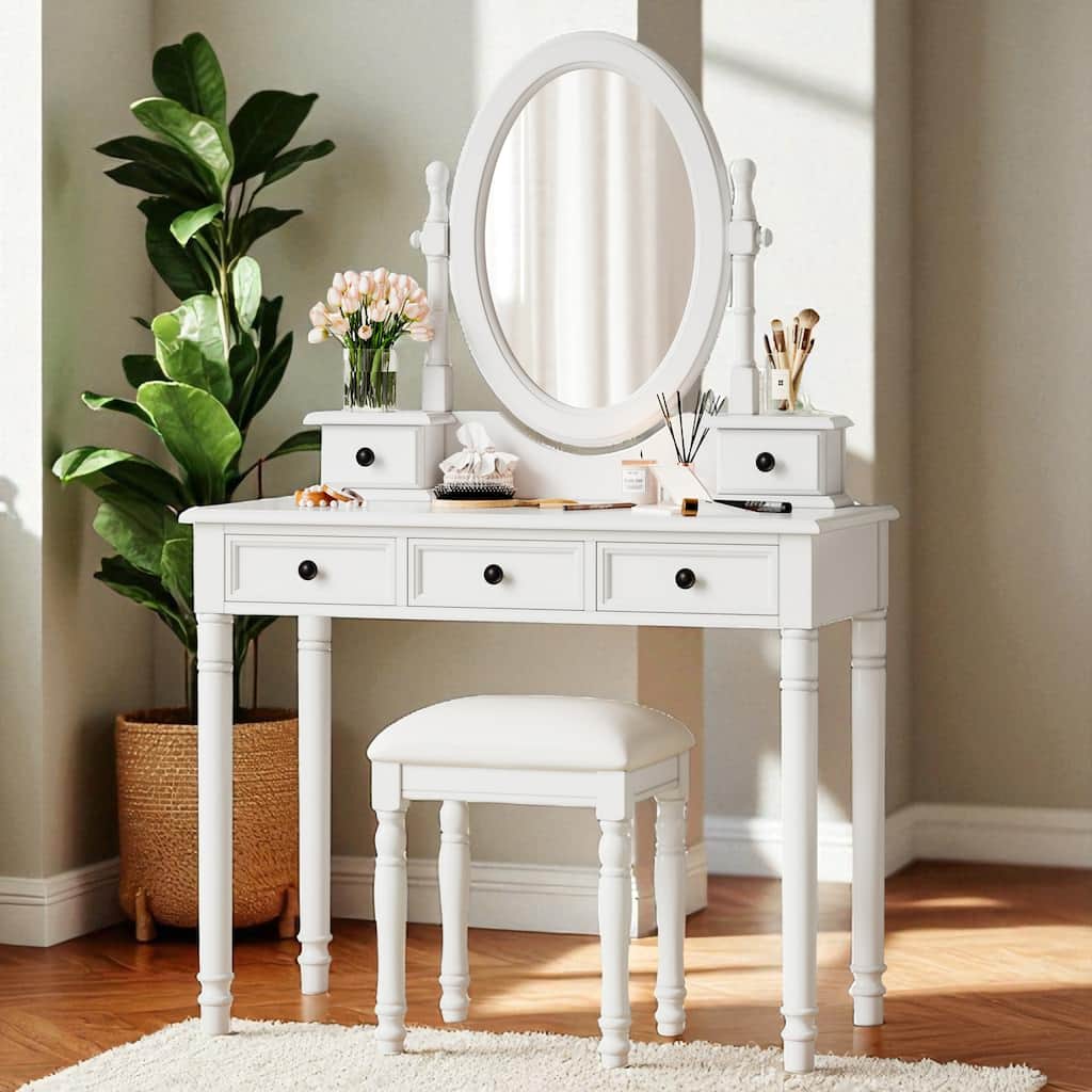 Vintage Vanity Desk with Adjustable Oval Mirror, 5 Velvet-Lined Drawers & Stool, Wooden Dressing Table Set for Bedroom