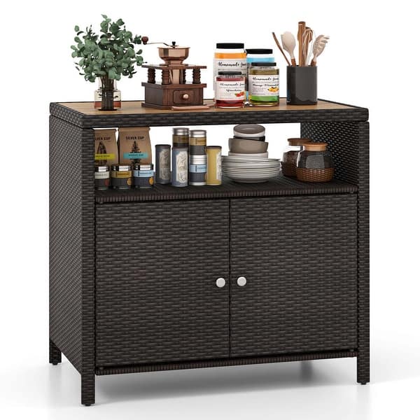 slide 2 of 20, Costway Patio Rattan Storage Cabinet with Acacia Wood Countertop Open - See Details Mix Brown