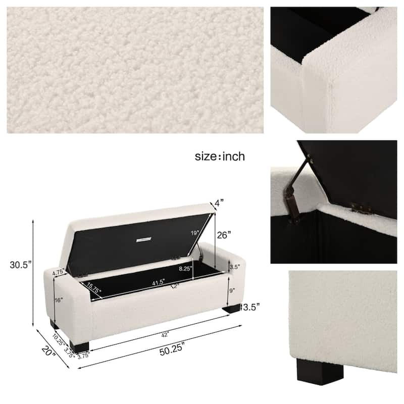 Rectangular Ottoman Bench in Textured Boucle with Hinged Lid for Seating, Footrest and Hidden Storage