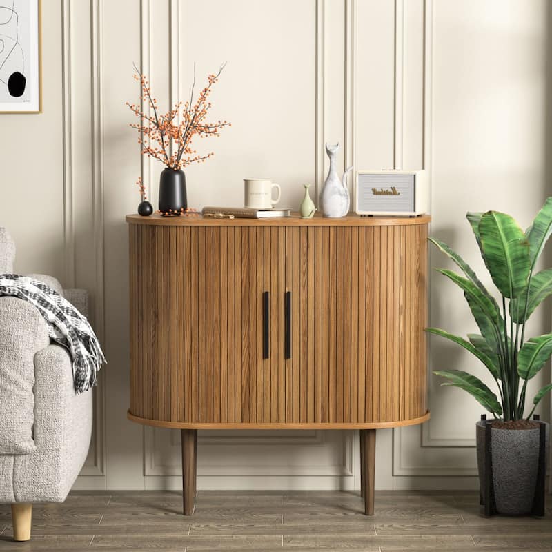VEIKOUS Wooden Storage Sideboard with Tambour Doors, Ample Storage for Kitchen, Living Room, Bedroom - Coffee brown