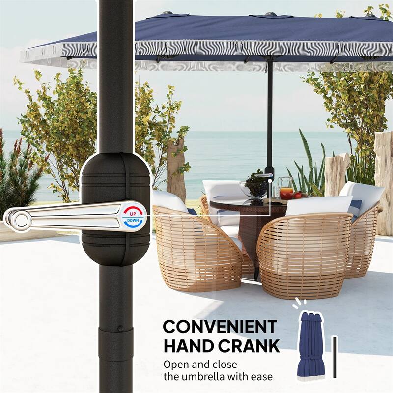 Large Double Rectangle Patio Umbrella with Crank Lift and UV Protection Steel Pole Fringe
