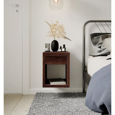 American Walnut Hardwood Floating Nightstand Scandinavian Design Bedside Table - One Sof-Close Drawer