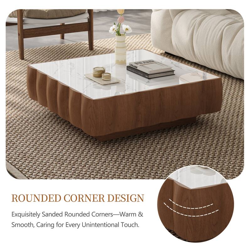 36" Mid-Century Modern Coffee Table - Curved Edge Sintered Stone & Solid Wood Veneer Frame with Hidden Storage Drawer