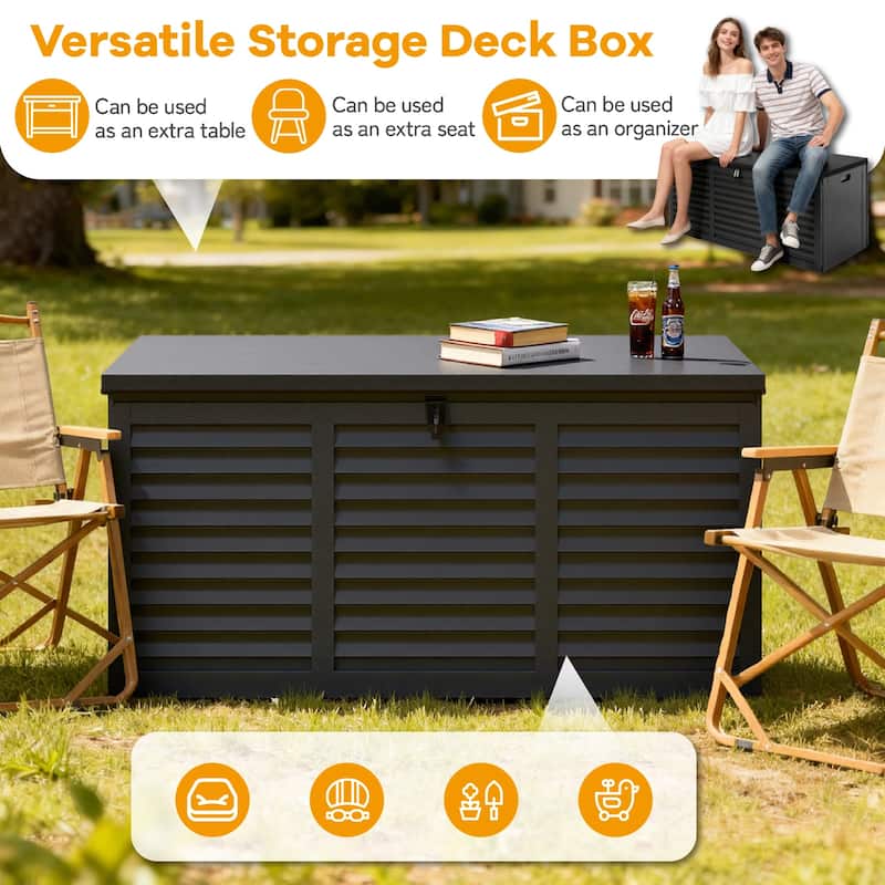 130 Gal. Upgraded Resin Deck Box, Outdoor Storage Box Waterproof with Hydraulic Rod and Side Handle, Lockable